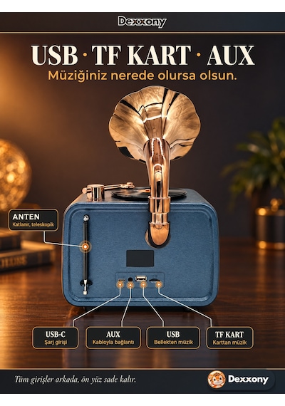 Dexxony Dx-2527 Mavi Nostaljik Radyo Gramofon Görünümlü Büyük Boy Şarjlı Bluetooth Hoparlör Fm Usb
