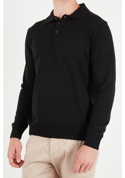 Buratti Pamuklu Regular Fit Düğmeli Uzun Kollu Polo Erkek Polo 7024733 Siyah