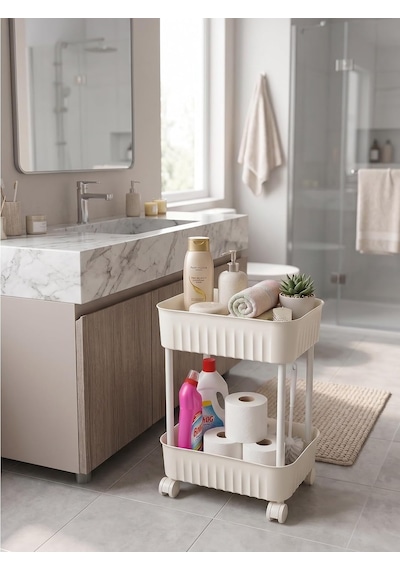 2 Katlı Tekerlekli Organizer Sepet, 28x17 Cm, Beyaz/antrasit Gri, Banyo Ve Mutfak Organizeri Antrasit Açık Siyah