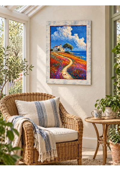 Ahşap Eskitme Çerçeve Desenli Deniz Manzaralı Dağ Evi Temalı Dekoratif Ahşap Tablo 52x72 Cm