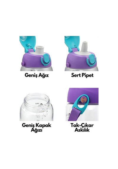Uzspace Büyük Boy 700ml Kılıflı Askılı Pipetli/pipetsiz Iki Ayrı Kapaklı Tritan Çocuk Matarası Space Rabbit Mor-pembe Diğer