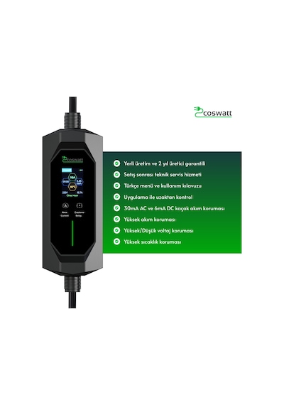 Coswatt Taşınabilir EV Şarj Cihazı CS-P1-16A / 3.5kW / 5m / Türkçe / 220V AC / Tip-2 / 2x16A Ev Tipi Fiş / Çanta