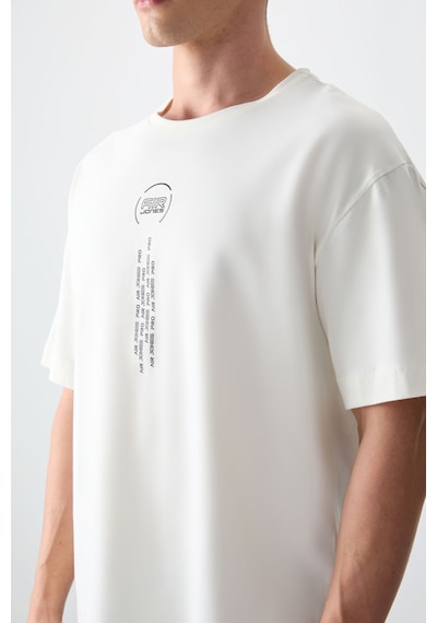 Air Jones Tommy Life Ekru %100 Pamuk Kalın Yumuşak Dokulu Oversize Fit Baskılı Erkek T-shirt - 88355 Ekru