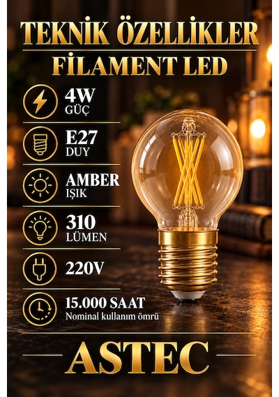 Astec E27 Mini 4 Watt Glop Amber Ampul Dekoratif Amber Işık Filament Led