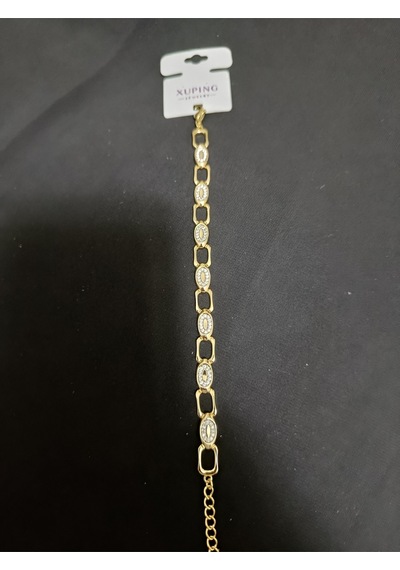 Zirkon Taşlı Lüks Tasarım Elips Geçişli Gold Çelik Kelepçe Bileklik Altın