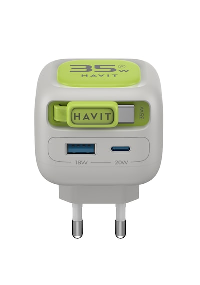 Havit Uc251 35w Gan Pd Hızlı Şarj Adaptörü - Geri Sarılan Usb-c Kablolu, Usb-a/usb-c Gri - Yeşil