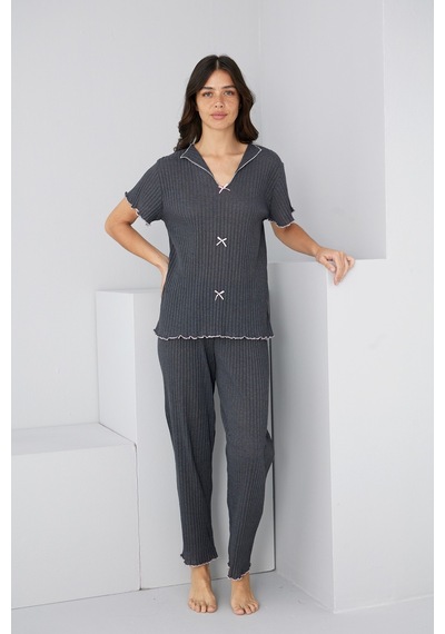 Siyah İnci Mevsimlik İnce Fiyonklu Pijama Takım7879 Antrasit