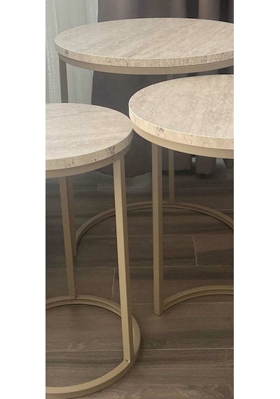 Yuvarlak Ahşap Mermer Desenli 3 Lü Zigon Sehpa Metal Ayaklı Sidon Sidon