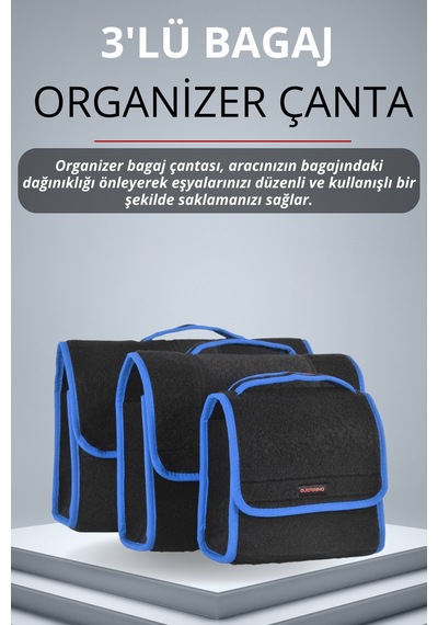 3'lü Cırtlı Keçe Kumaş Oto Bagaj Çantası Geniş Hacimli,dayanıklı,araç İçi Düzenleyici Mavi Kenar