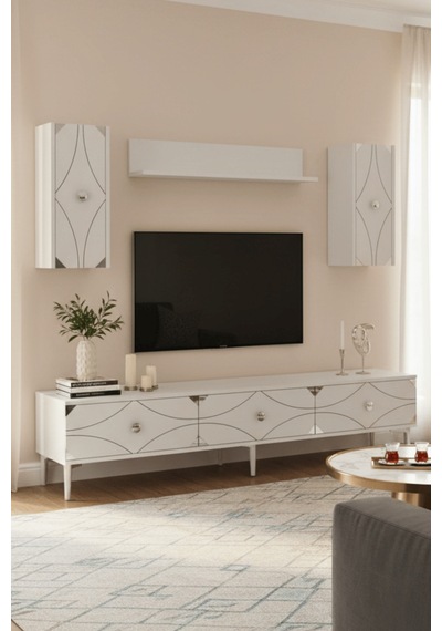 Tvr1897bs - Alfa Tvr180 Tv Ünitesi Takım , Tv Sehpası Beyaz - Sılver 180cm