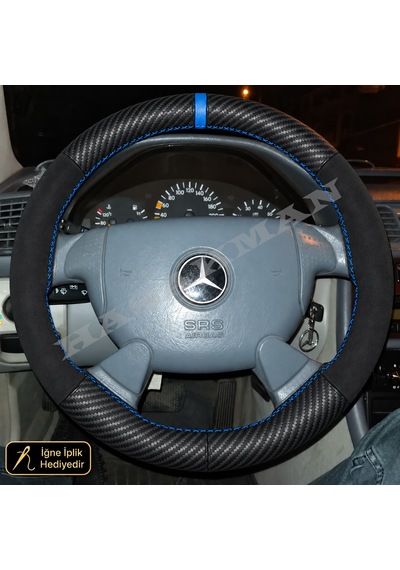Mercedes Clk W208-c208 Dikme Direksiyon Kılıfı Alcantara Süet Mat Karbon Mavi Yüzük Ve Dikiş Lcı 4 Kollu-geniş Kare-tuşsuz 1999-2003 Siyah