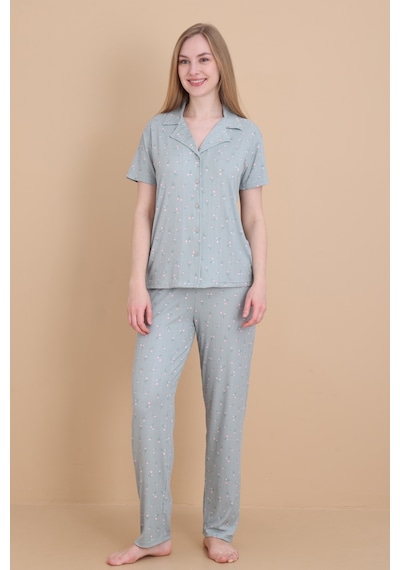 Wordex Mirano 9512 Güllü Pegasus Kumaş Düğmeli Kısa Kolu Kadın Pijama Takımı Yeşil