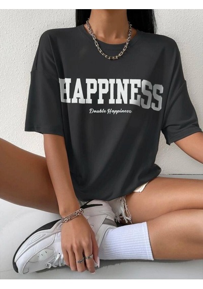 Noıssey Chulchan Shop Happiness Baskılı Beyaz Oversize T-shirt Siyah