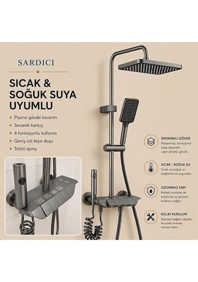 Sardıcı Piano 4 Fonksiyonlu Antrasit Banyo Bataryası Ve Tepe Duş Seti