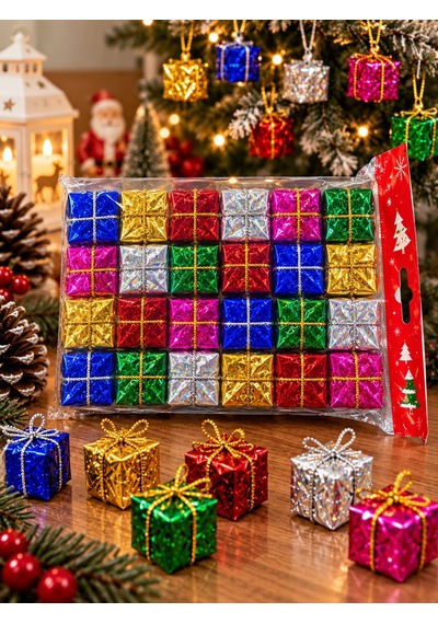 24 Adet 3 Cm Yılbaşı Ağacı Süsü Mini Hediye Paketi Süsleri Renkli Noel Ağacı Dekoru