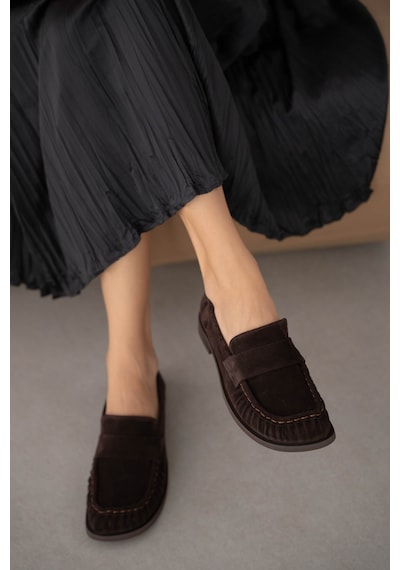 Selin Shoes Blaine Hakiki Deri Büzgülü Küt Burun Kadın Loafer- Kahve Süet Kahverengi
