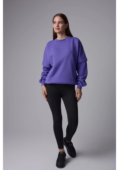 Defys Kadın Bisiklet Yaka Kol Detaylı Oversize Fit Basic Sweatshirt Mor - 598314741 Mor