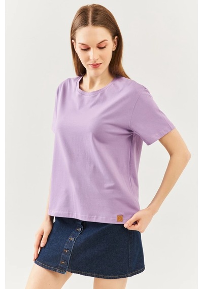 Kadın Oversize Rahat %100 Pamuklu Penye Bisiklet Yaka Kısa Kol Basic T-shirt Lila