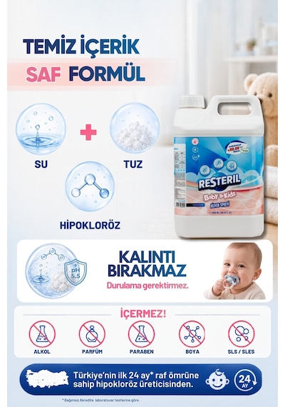 Bebek Dezenfektanı Alkolsüz Bebek Dezenfektan 5 Lt Saf Hipokloröz Baby Kids Oyun Matı Oyuncak Anaokulu Okul Hijyen Spreyi 100ml Set