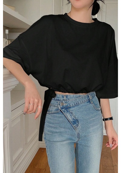 Kadın Oversize Basic Haki Tişört Yan Bağlamalı Rahat Kesim Günlük Yazlık T-shirt Siyah