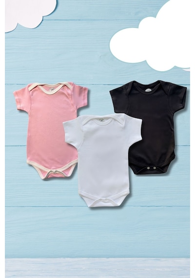 Betül Bebek Kısa Kollu 3'lü Organik Pamuk Çıtçıtlı Bebek Body&zıbın Pembe,beyaz,siyah Çok Renkli