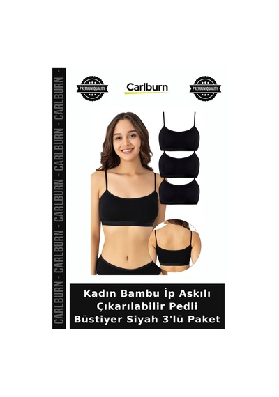 Carlburn Özel Üretim Kadın Bambu İp Askılı Çıkarılabilir Pedli Büstiyer Siyah 3'lü Paket Kombin Rahat Günlük