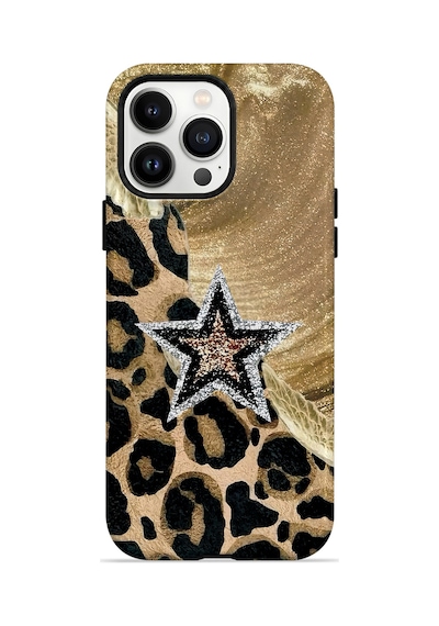 Velvoria Valestra Altın Leopar Yıldız Apple iPhone Uyumlu 14 Pro Darbe Korumalı Kılıf Valestra Select - Altın Leopar Yıldız