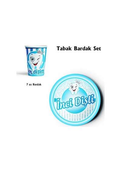 İlk Dişim Çıktı Diş Buğdayı Teması Partisi İnci Dişli Tabak Bardak 8li Mavi Renk İlk Diş Konsepti Tüm Yaşlar