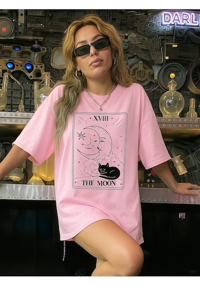The Moon Baskılı Oversize Unisex Tişört Pembe