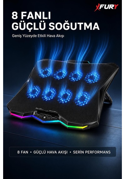 Fury E-sport Rgb Laptop Soğutucu 8 Fanlı Ayarlanabilir Standlı Notebook Soğutucu