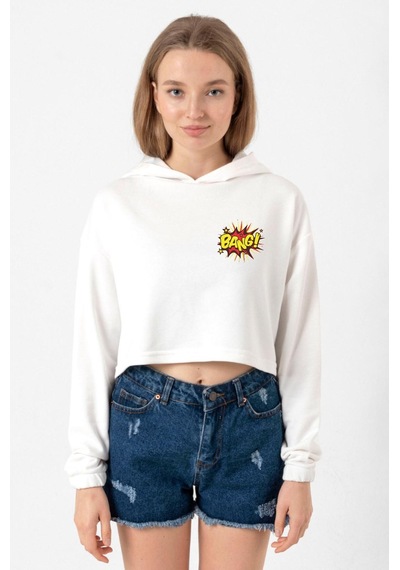 Big Bang Theory Bang Logo Ekru Kadın Crop Kapşonlu 001