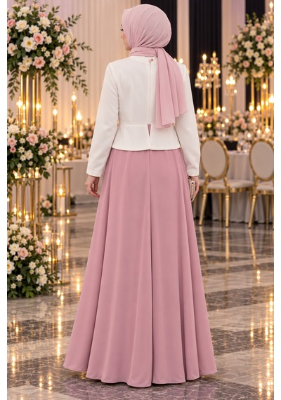 Gül&can Butik Pudra Pembe Çiçek Desenli Tesettür Abiye Zarif & Şık Pembe