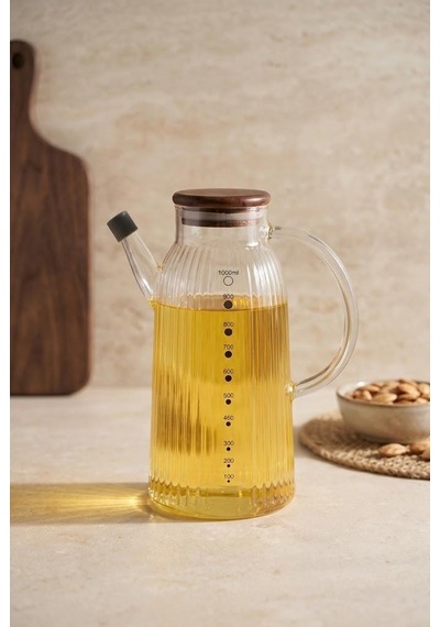 Atbyhome Akasya Kapaklı Çizgili Borosilikat Cam Yağdanlık 1000 Ml - Kulplu Damlatmaz Ölçülü Yağ Şişesi Sirkelik