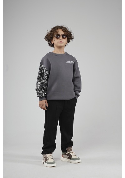 King-Brich Kingbrich Kids Bisiklet Yaka Kolu Garnili Baskılı Çocuk Sweatshirt Füme