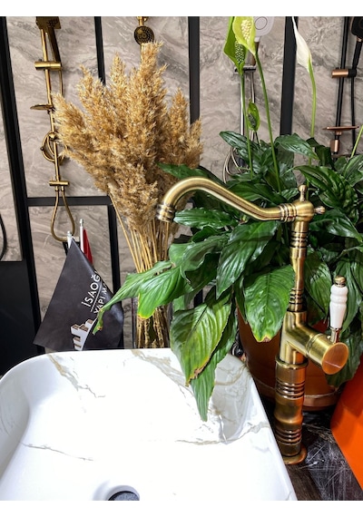 İsaoğlu Yapı Mat Gold Çanak Lavabo Bataryası Eskitme Çanak Bataryası Antik Gold Rustik Lavabo Bataryası Gold