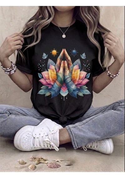 Lotus Ve Dua Eden El Baskılı Kompak T-shirt Siyah