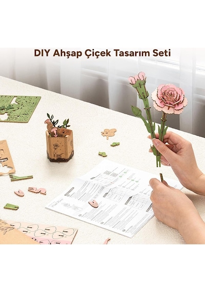 Rowood Tw051 Karanfil Çiçeği Pink Carnation Dıy Minyatür Maket Model Seti Ahşap 3d Wooden Puzzle Model Kit Ahşap Maket Dekoratif Hobi Seti