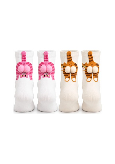 Genel Kadın 2'li Kedi Desenli Ponponlu Soket Çorap Seti Pembe Turuncu 3d F Çok Renkli / 36-40 / 2 Adet Çok  Renkli