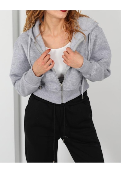 İs Berceste Kapüşonlu 3 İplik Gri Melanj Kadın Crop Sweatshirt Ceket Açık Gri