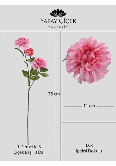 Pembe Yapay Dahlia Yıldız Çiçeği 3 Dallı Lüx İpeksi Dokulu 75 Cm