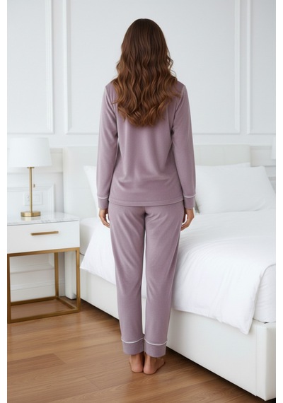 Kadın Kadife Boydan Düğmeli Şerit Detaylı 2'li Pijama Takım LİLA