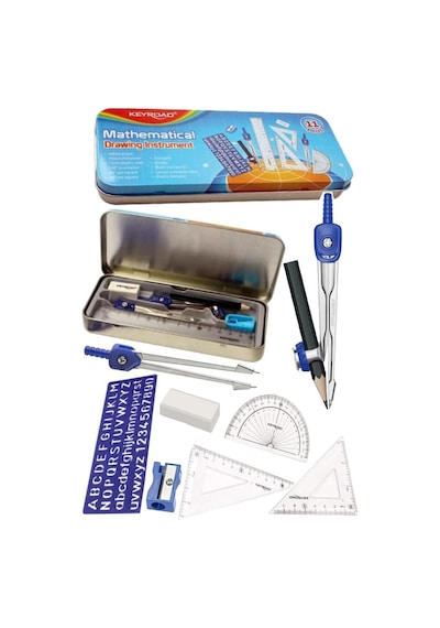 Teknik Çizim Seti 11 Parça Keyroad Metal Pergel Gönye Açı Ölçer İletki Harf Şablonu Metal Kutulu 971708