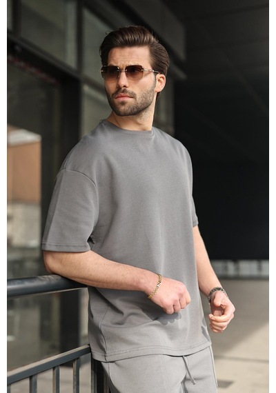 Madmext Füme Bisiklet Yaka Oversize Erkek Şort T-shirt Takım E7355 Füme