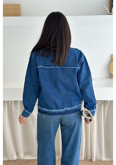 Femelle Kadın Mavi Saçaklı Dikiş Detaylı Oversize Denim Kot Ceket