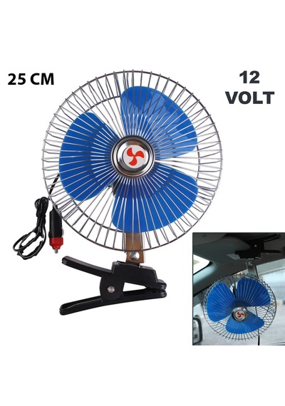 Araç İçi Fan Oto Vantilatör 12 Volt Mandallı 10 İnç 12V