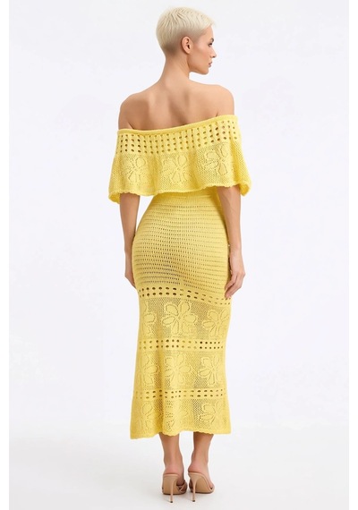 Benerly Kadın Ajurlu Triko Midi Plaj Elbisesi Carmen Yaka Kısa Kollu Shif Sarı