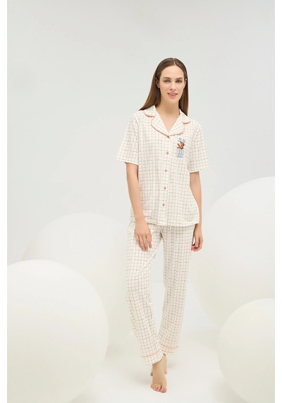 U.S. Polo Assn. 16608 Kadın Baskılı Düğmeli Pijama Takım Ekru
