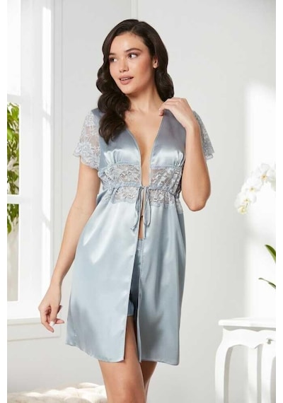 Pierre Cardin Saten Dantelli Midi Sabahlık 1020 Mist Çok Renkli
