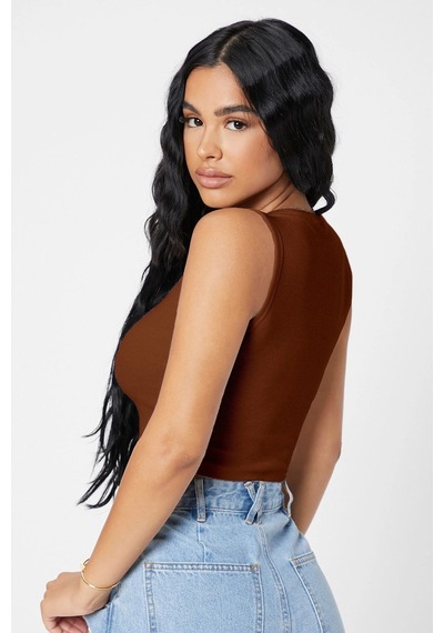 Angbutik Kadın Kahverengi Kare Yaka Crop Top Bluz