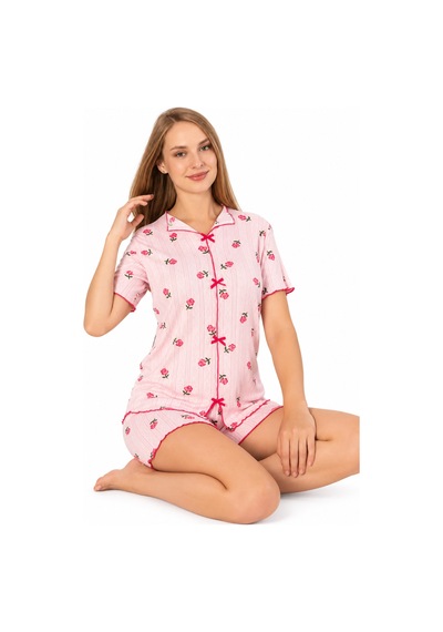 Genel Markalar Kadın Çiçek Desenli Pembe Şortlu Pijama Takımı Pembe Pembe